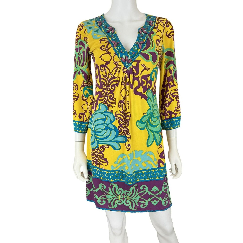 Hale Bob Silk Jersey Tea Dress sz S Flared Sleeve Vibrant Print Beaded Neckline